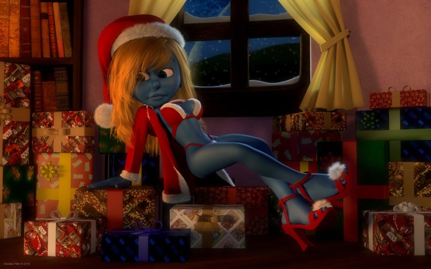 1girls 3d artist_name bare_shoulders big_breasts blonde_hair blue_eyes blue_lips blue_skin busty christmas curvy detailed_background eyelashes female female_only front_view gift gift_box hat hourglass_figure humanoid indoor inside kondaspeter leg_lift leg_up lingerie looking_down mammal midriff pose posing robe room shadow shiny shiny_skin sitting smurfette solo the_smurfs thong top_hat voluptuous wide_hips yellow_hair