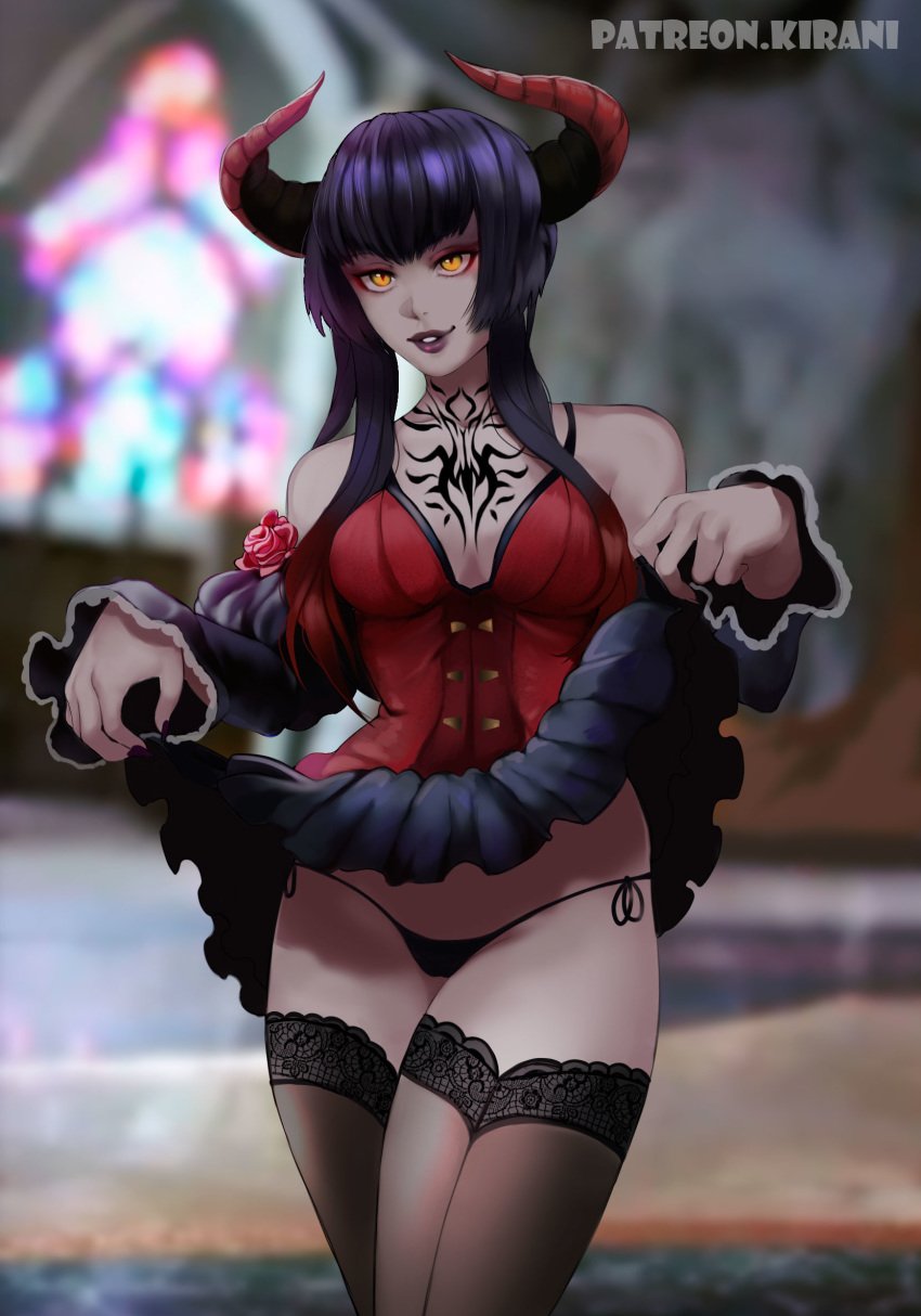 1girls breasts chest_tattoo cleavage curved_horns eliza_(tekken) female female_only horns kirani looking_at_viewer neck_tattoo panties skirt skirt_lift solo tattoo tekken thighhighs vampire vampire_girl