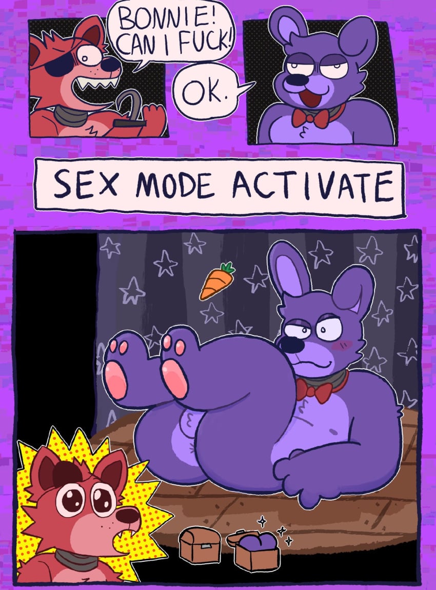 2023 animatronic anthro anus balls bonnie_(fnaf) bow_tie canid canine comic dialogue duo english_text eye_patch eyewear five_nights_at_freddy&#039;s fox foxy_(fnaf) fur furry gay genitals hi_res hook hook_hand lagomorph leporid machine male male/male mammal multicolored_body multicolored_fur nude_anthro nude_male ohmygoditguppy open_mouth pawpads purple_body purple_fur rabbit red_body red_fur robot scottgames text treasure_chest two_tone_body two_tone_fur