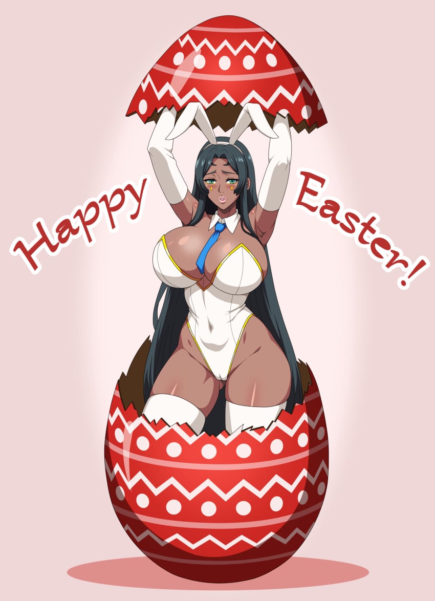 1girls alternate_version_available black_hair bunnysuit bustier dark-skinned_female dark_skin easter elbow_gloves fate/grand_order fate_(series) female female_only long_hair necktie reiichiart scheherazade_(fate) solo thighhighs
