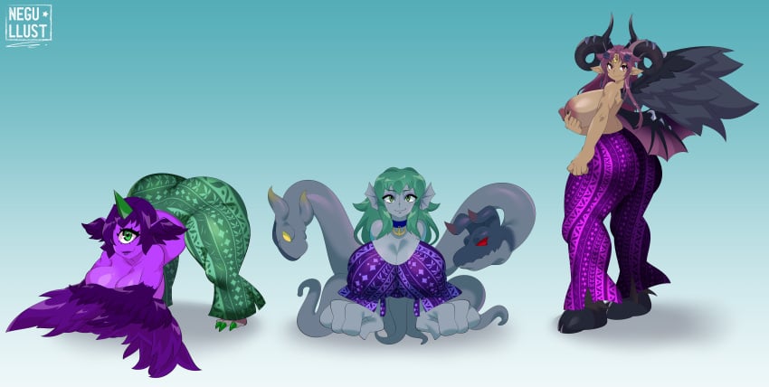1_eye 1_horn 3_eyes absurd_res ass big_breasts big_butt blue_body blue_skin breasts choker clothed clothing dark_body dark_skin deathwing_the_timegoat demon ear_fins exposed_breasts feathered_wings feathers feet female fin flare_pants green_eyes green_horn group hair head_tentacles head_wings heketa_(deathwing_vt) heterochromia hi_res holding_breast horn horned_humanoid humanoid jewelry kath'ool_(deathwing_vt) long_hair marine membrane_(anatomy) membranous_wings monoeye multi_eye multi_head necklace negullust nipple_imprints nipples purple_body purple_hair purple_people_eater purple_skin red_eyes scylla sharp_teeth short_hair talons teal_hair teeth tentacle toes topless topless_female trio unusual_wing_placement winged_arms winged_humanoid wings yellow_eyes