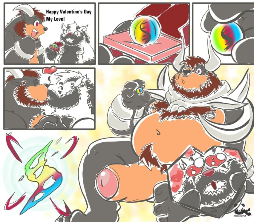 2018 2boys alternate_color anthro bara belly big_penis canine chubby closed_eyes dated duo english_text furry heart heart-shaped_pupils holiday_message holidays houndoom huge_penis humanoid_hands kissing larger_male male mammal mega_evolution mega_houndoom mega_stone mightyena navel nintendo obese original_character overweight overweight_male pandaemondx penis penis_awe pokémon_(species) pokemon pokemon_gsc pokemon_xy sitting size_difference sketch smaller_male text thick_thighs valentine's_day video_games watermark wide_hips