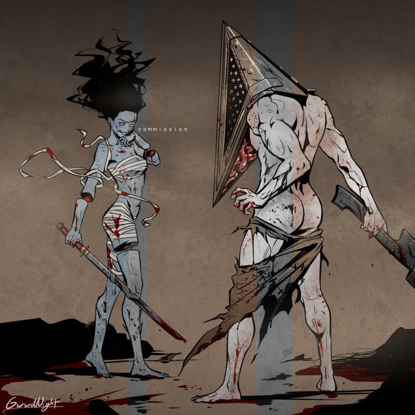 1boy 1girls bandaged_chest bandaged_waist bandages blood blue_skin crossover dead_by_daylight detached_limbs eastern_and_western_character female ghost guudnight male partially_nude pyramid_head rin_yamaoka silent_hill silent_hill_(film) smile sword the_spirit_(dead_by_daylight) torn_clothes