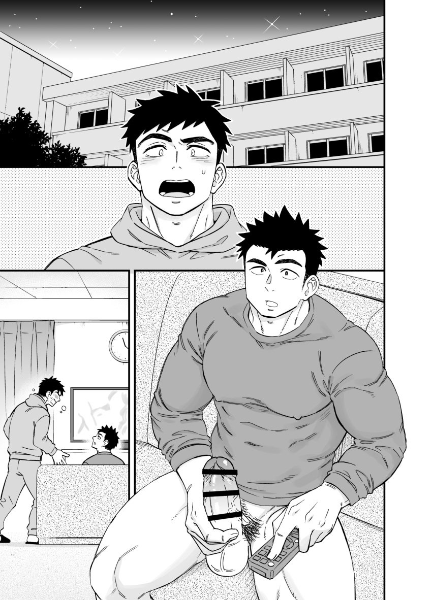 2boys abs apartment balls bara big_balls big_penis black_and_white black_hair blush bottomless brother brothers censor_bar censored censored_penis clothed draw_two embarrassed erect_nipples erection exposed eyelashes foreskin foreskin_folds frenulum frown gay greyscale hi_res holding_penis holding_remote_control hoodie huge_cock indoors looking_at_another male male_only masturbation mature_male monochrome muscles muscular muscular_legs muscular_male muscular_thighs night nipples_visible_through_clothing open_mouth original original_character pecs penis pointless_censoring pubic_hair quadriceps sanpaku sequential shocked short_hair sitting sitting_on_sofa small_pupils standing thick_eyebrows thick_penis tv uncircumcised veiny_penis watching_porn wide_eyed yaoi