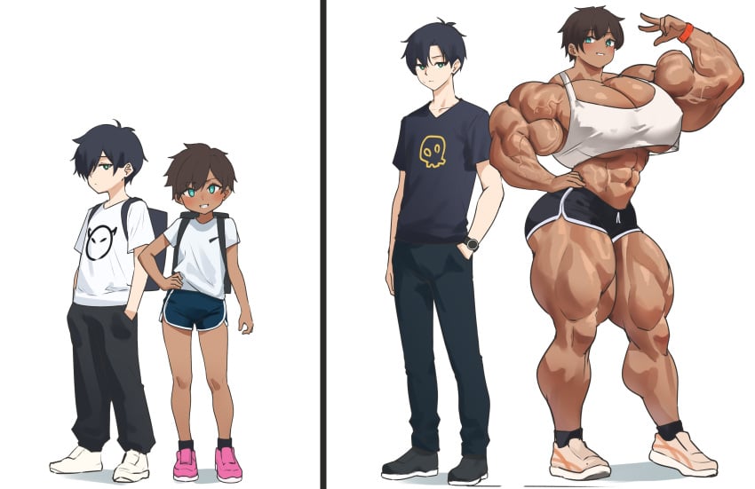 1boy 1girls 2d age_progression childhood_friend clothed dark-skinned_female digital_media extreme_muscles female full_body male muscle_growth musctonk muscular muscular_female simple_background tomboy white_background