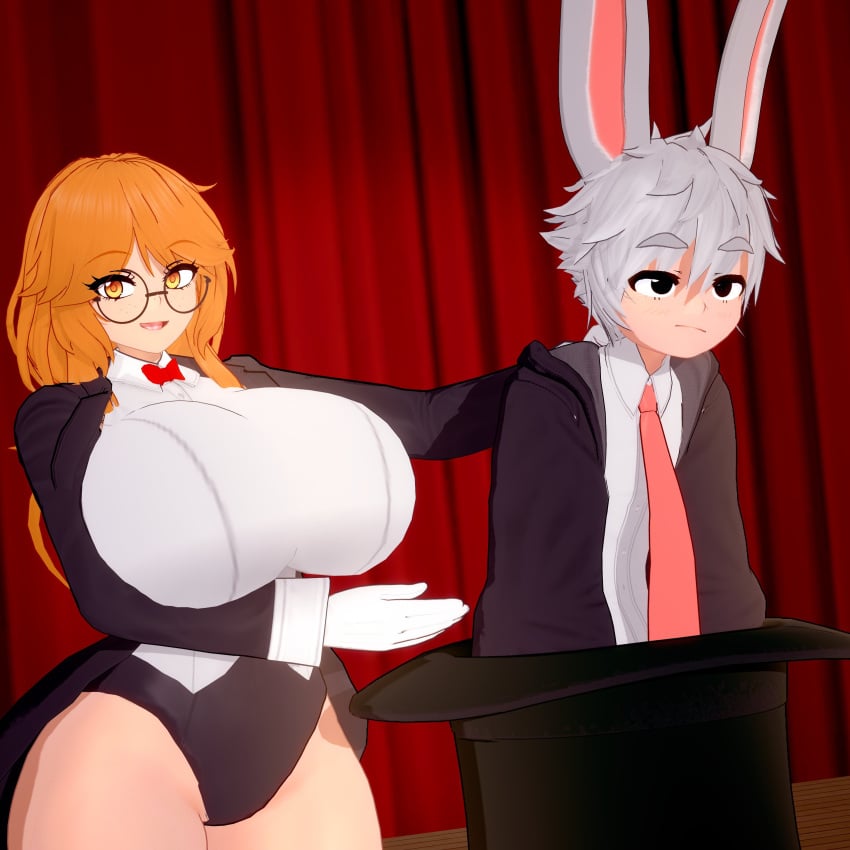 1boy 1boy1girl 1girls 2025 3d 3d_model annoyed annoyed_expression annoyed_face big_breasts easter female freckles freckles_on_face holidays huge_boobs huge_breasts karet_(scratch_key) koikatsu lina_(scratch-key) looking_at_viewer magic magic_trick male massive_boobs massive_breasts massive_tits not_porn not_this_shit_again_face orange_eyes orange_eyes_female orange_hair orange_hair_female original rabbit_boy rabbit_ears scratch-key wearing_glasses white_hair white_hair_male
