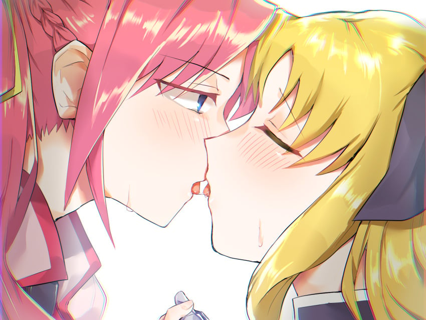 2girls blonde_hair blue_eyes blush bow braid closed_eyes clothing colored_eyelashes eyebrows eyebrows_visible_through_hair fate_testarossa female female_only gloves hair_ornament hair_ribbon hairbow half-closed_eyes head_only human kissing looking_at_another lyrical_nanoha mahou_shoujo_lyrical_nanoha mahou_shoujo_lyrical_nanoha_a's multiple_girls pink_hair ribbon saliva saliva_trail signum sweat tongue tongue_out yuri