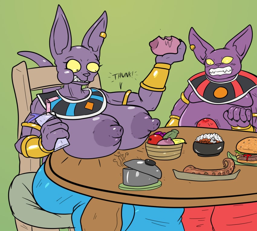 azureinthedark beerus big_breasts bodily_fluids breasts champa clothing dragon_ball dragon_ball_super erection erection_under_clothing female food genital_fluids hi_res precum rule_63 surprise