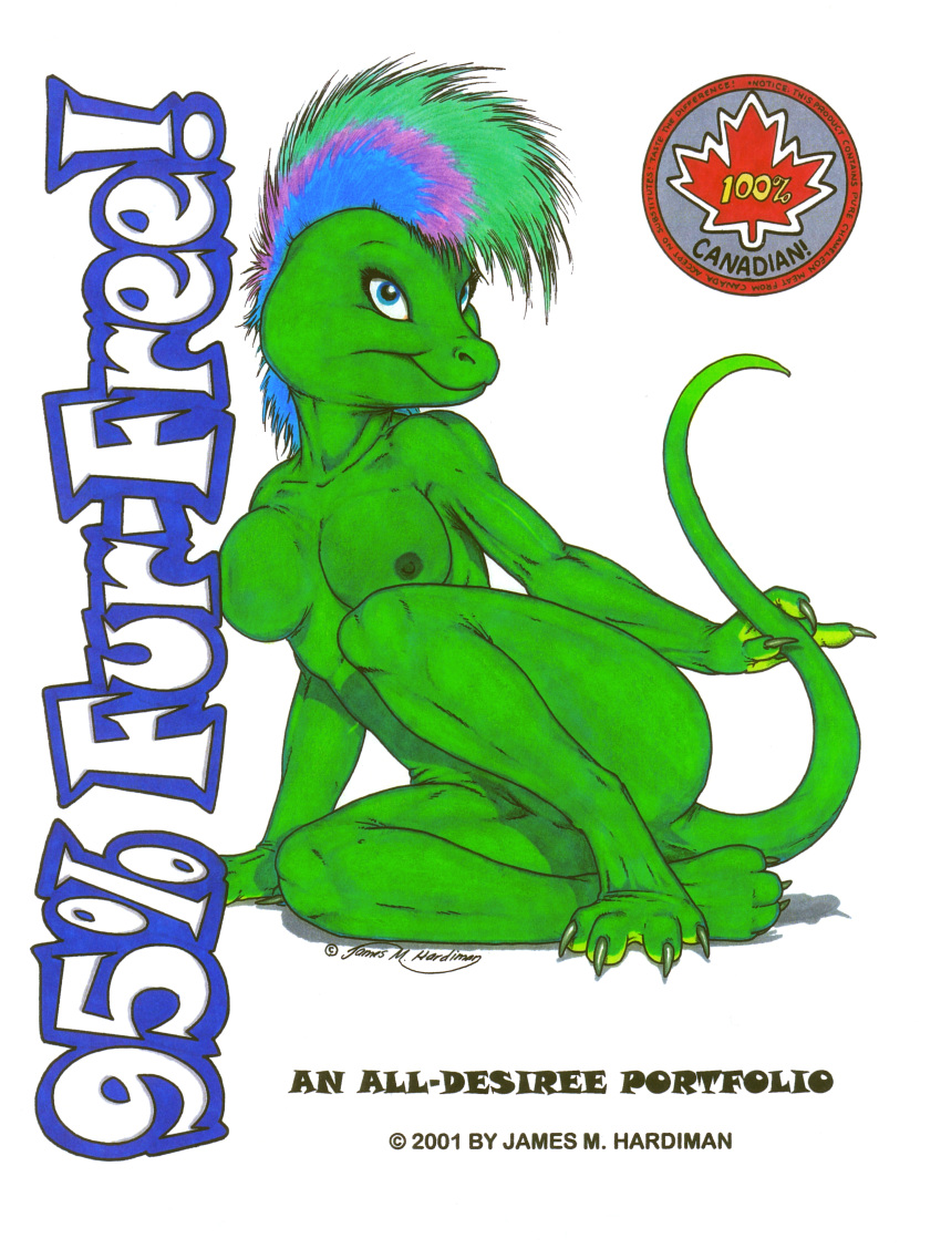 2001 4_toes absurd_res anthro barefoot biped blue_eyes breasts chameleon claws cover cover_page desiree_(jmh) english_text female genitals hi_res james_m_hardiman lizard nipples non-mammal_breasts nude pussy reptile scalie simple_background solo spread_toes text toes white_background