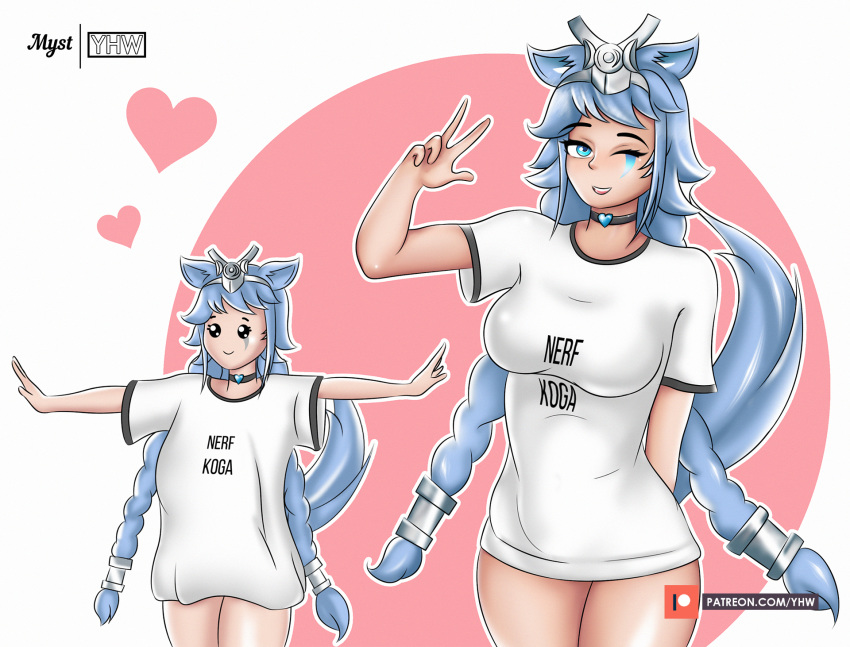 1girls aqua_hair baggy_clothing big_breasts blue_eyes blue_hair braid braided_hair braided_twintails challenge choker clothing female hi-rez_studios hidden_curves highres io_(paladins) light-skinned_female light_skin pajamas pajamas_pull paladins shirt_tighten_meme simple_background solo t-shirt/pajamas_challenge thick_thighs twintails v v_sign yhw