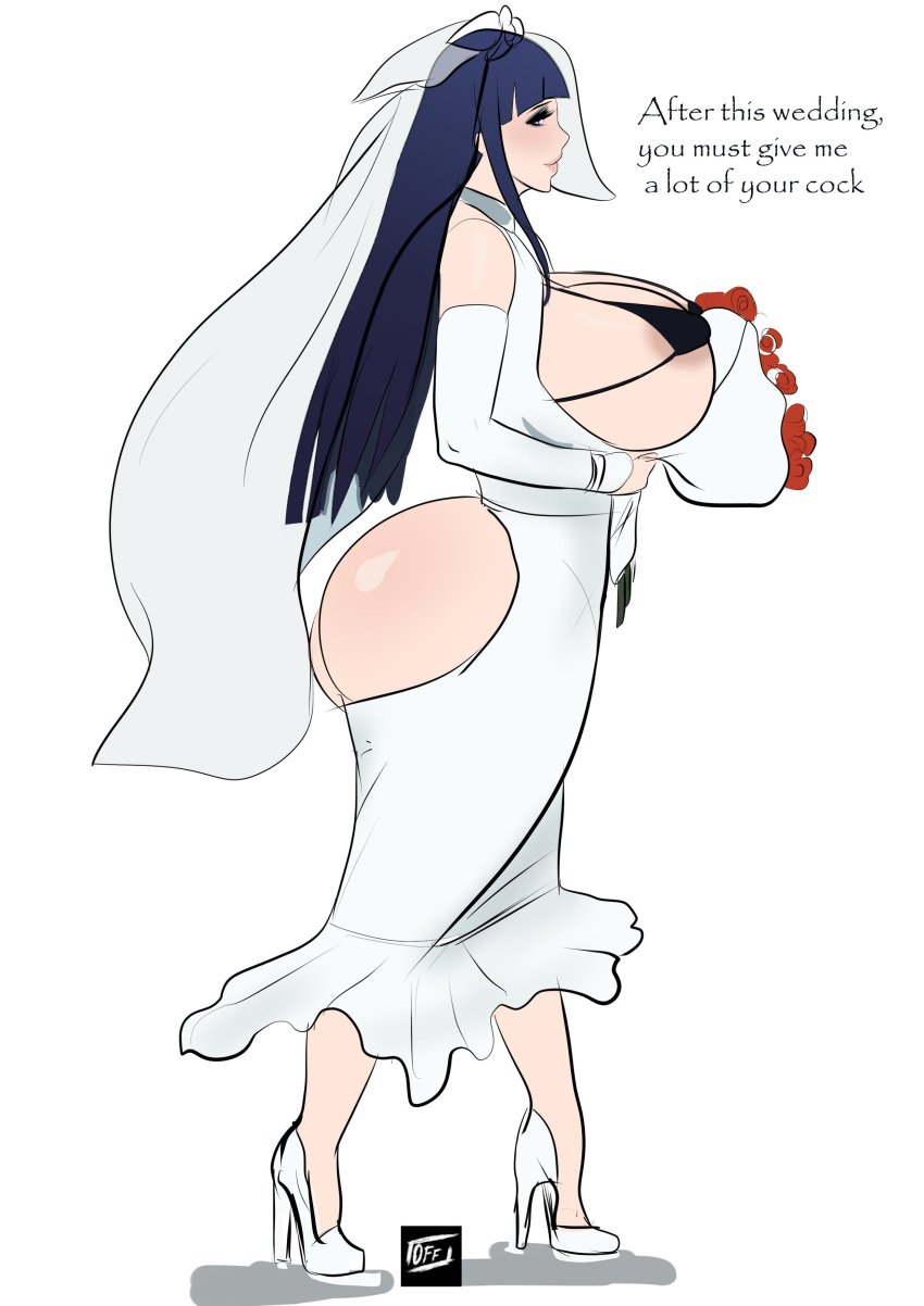 1girls areola_slip areolae big_ass big_breasts black_bra blue_hair bride dress female flowers heavenly_butts heels high_resolution huge_ass huge_breasts hyuuga_hinata lipstick long_hair mermaid_dress naruto naruto_shippuden off_(artist) offscreen_character partially_clothed simple_background solo solo_female thick_thighs voluptuous wedding_dress white_background white_dress white_high_heels wide_hips