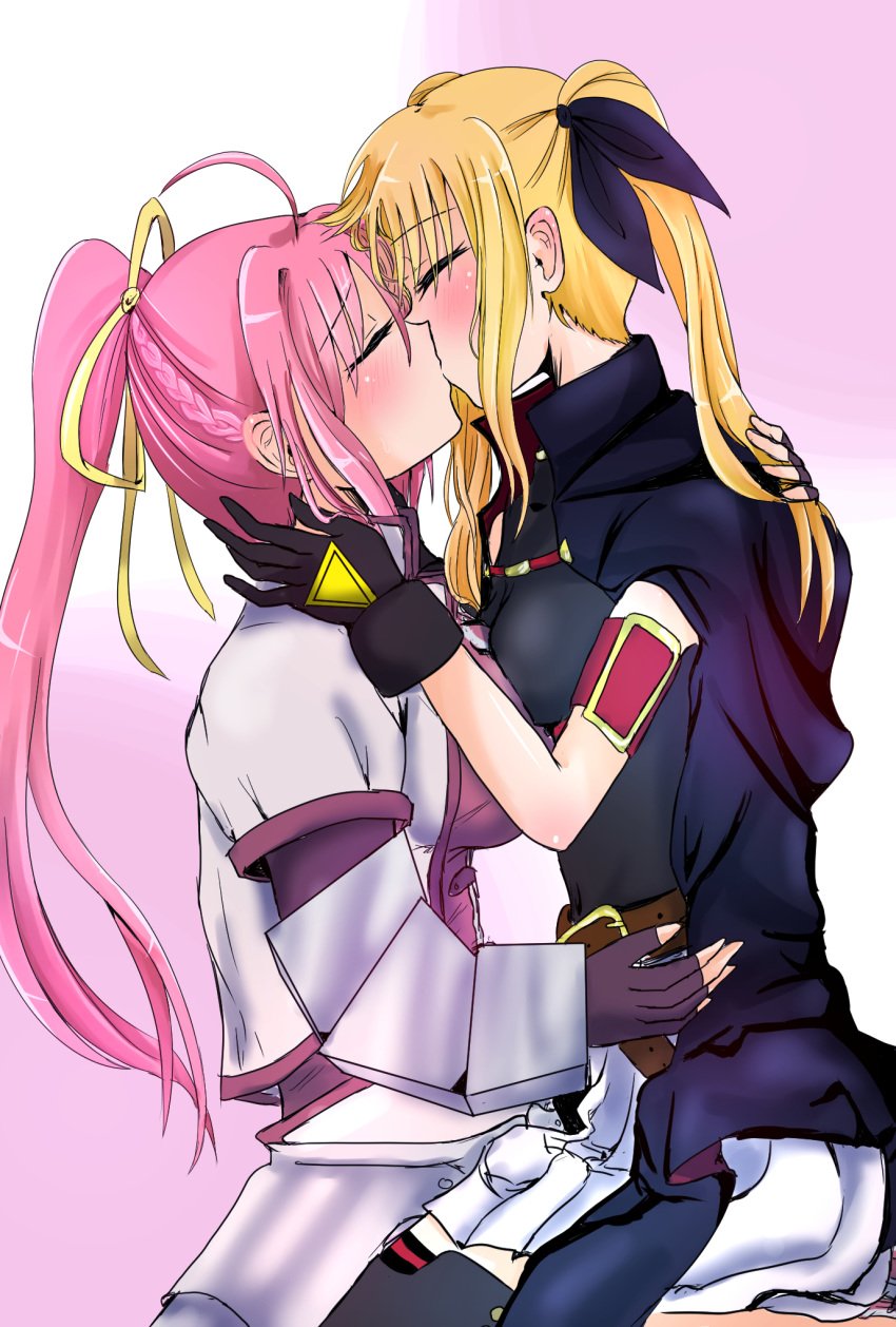 2girls asymmetrical_docking blonde_hair blush braid breast_press breasts closed_eyes covered_navel fate_testarossa female female_only gradient gradient_background hair_ornament hair_ribbon highres kissing koro-ro large_breasts lyrical_nanoha mahou_shoujo_lyrical_nanoha_strikers multiple_girls pink_background pink_hair ponytail ribbon signum simple_background sitting sitting_on_lap sitting_on_person skirt yuri