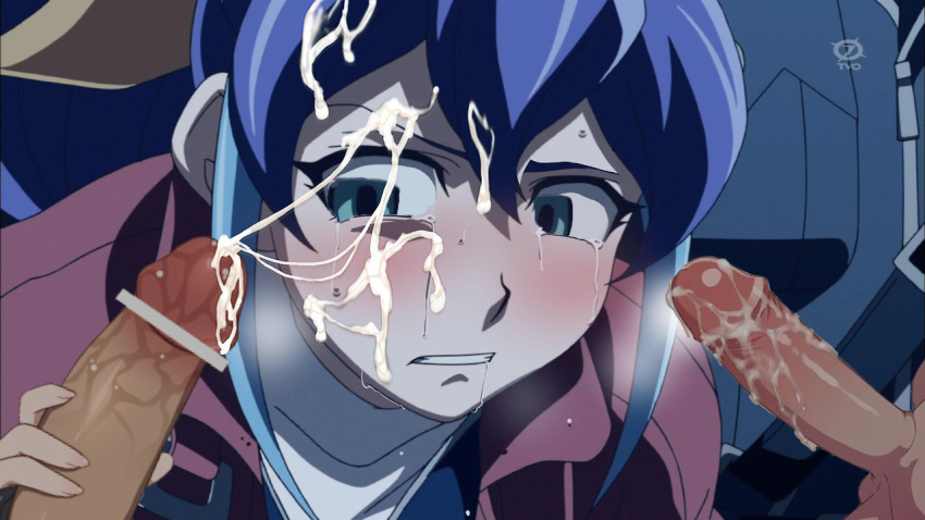 1girls 2boys blush bukakedraw censored cum cum_on_face cum_on_hair edit female green_eyes hair_ornament penis_grab purple_hair screenshot screenshot_edit serena_(yu-gi-oh!_arc-v) tears yu-gi-oh! yu-gi-oh!_arc-v