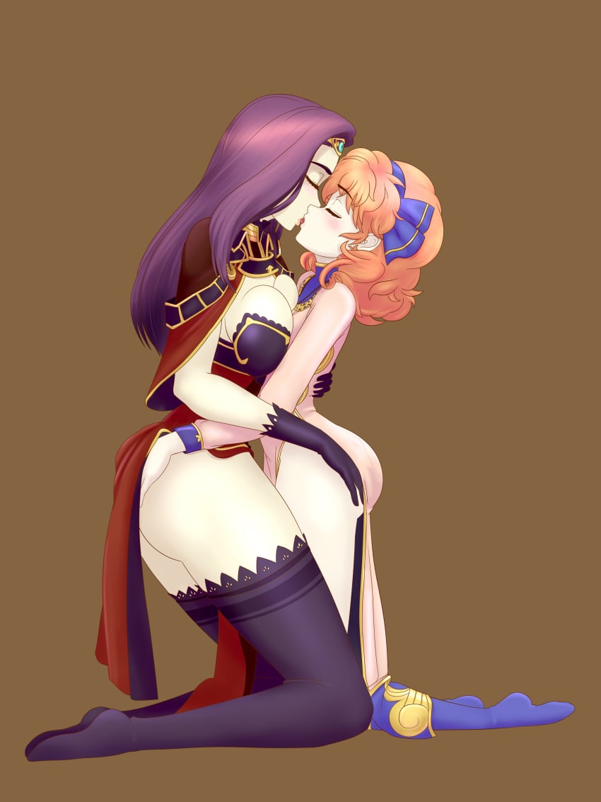 2girls age_difference ass ass_grab breast_press breasts clothing fire_emblem fire_emblem_echoes:_shadows_of_valentia fire_emblem_gaiden genny_(fire_emblem) gloves hair_ornament kissing m-a-v-e-r-i-c-k orange_hair purple_hair sonya_(fire_emblem) thighhighs yuri