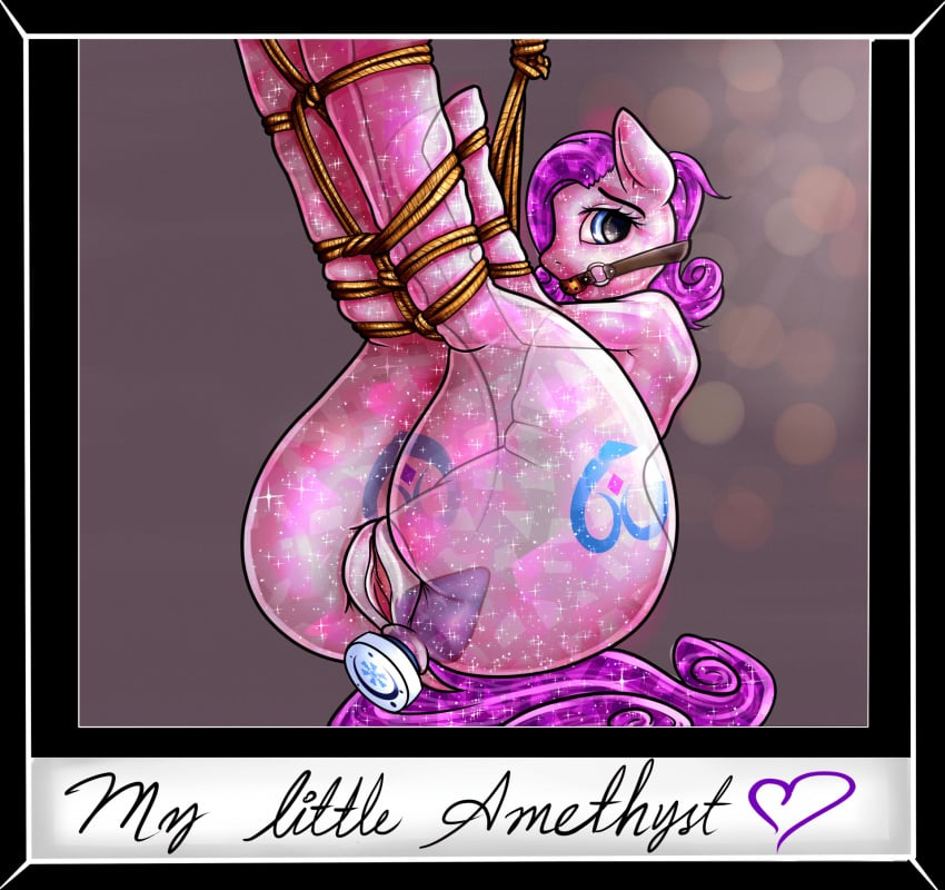 anal anal_sex ball_gag bondage bondage bound buttplug crystal_pony_(mlp) cutie_mark female feral friendship_is_magic gag gagged genitals hi_res jraisins my_little_pony penetration pussy rope sex_toy solo suspension thick_thighs translucent translucent_body