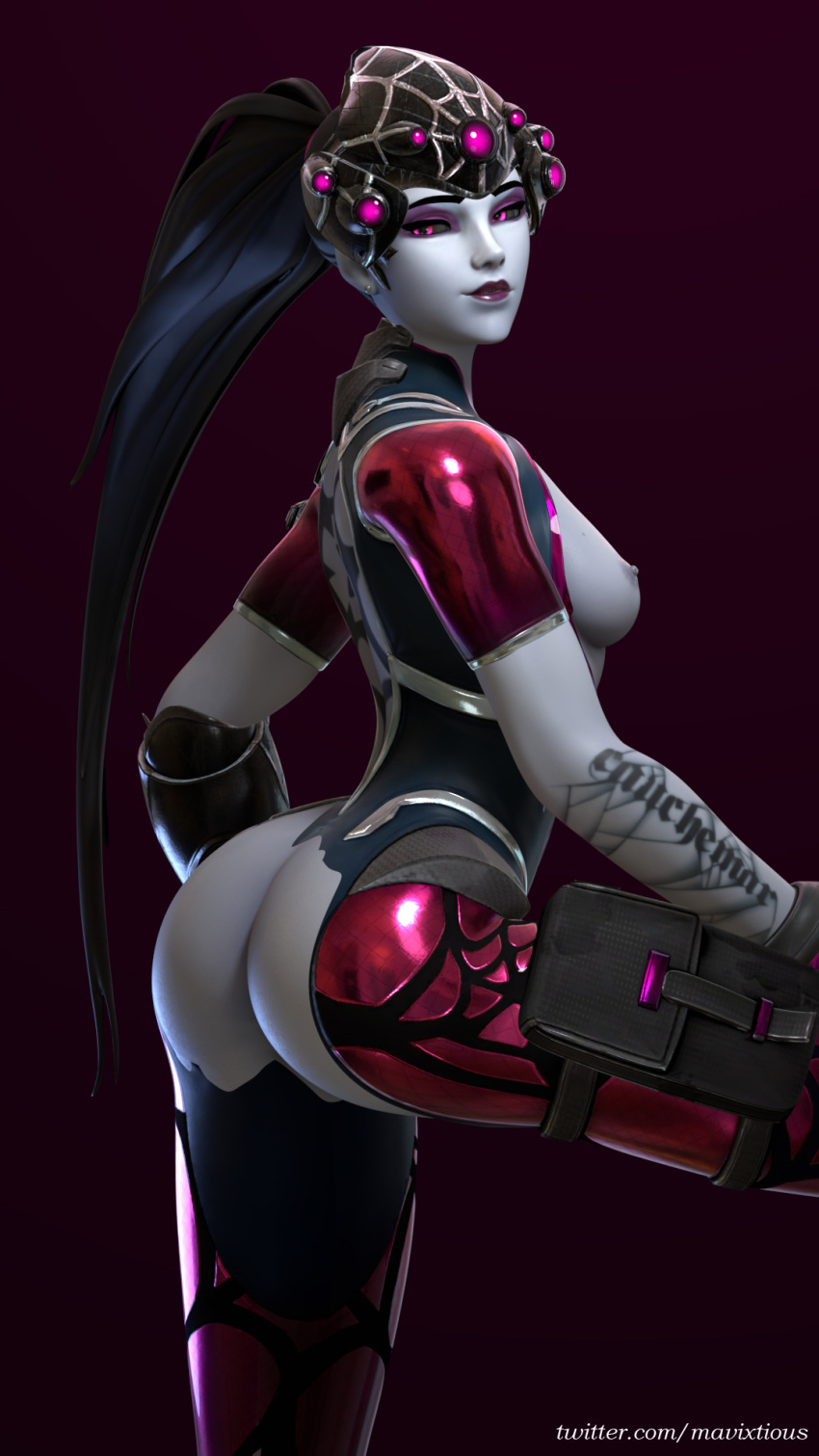 1girls 3d alternate_costume areolae ass big_ass black_hair blender breasts female female_only latex long_hair looking_at_viewer looking_back mavixtious nipples overwatch purple_eyes purple_lipstick smiling smiling_at_viewer solo solo_female spider_widowmaker tattoo tight_clothing widowmaker