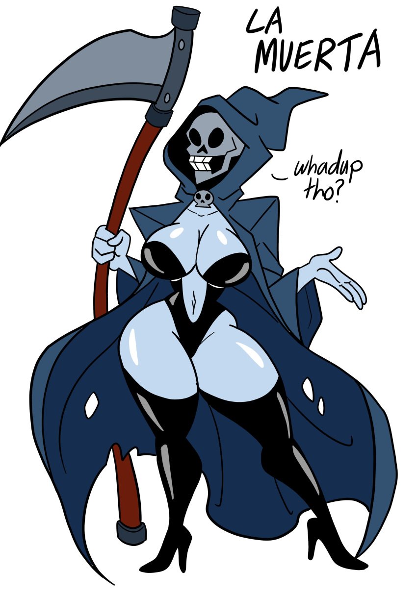 cape cleavage curvy female full_body full_cleavage gesture holding_weapon hood la_muerta_(wappah) monster_girl navel navel_line question scary scythe shiny_skin shrug skull skull_accessories solo thick_thighs thigh_boots thighhigh_boots thighhighs toony wappah wasp_waist weapon white_background