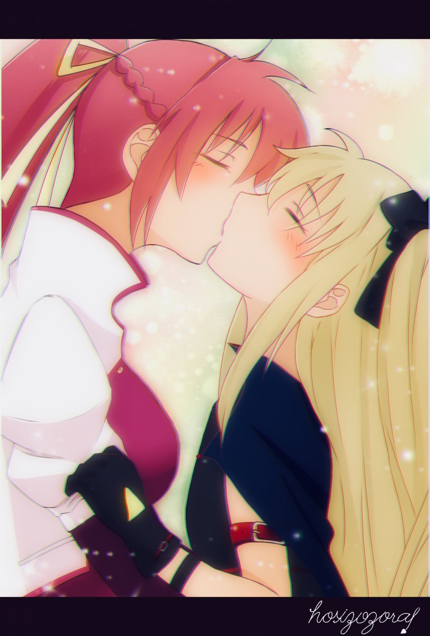 2girls age_difference armband blonde_hair blush breasts cape closed_eyes fate_testarossa gloves hair_ornament hair_ribbon highres kissing large_breasts lyrical_nanoha mahou_shoujo_lyrical_nanoha_a's multiple_girls ponytail red_hair ribbon signum size_difference small_breasts sparkle_background yuri