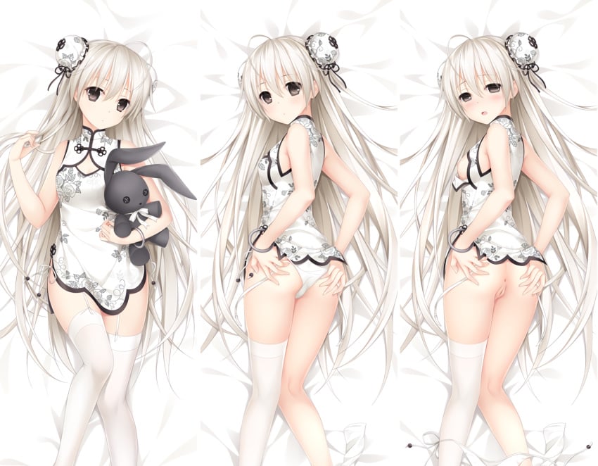 anus ass ass_grab blush breasts brown_eyes bunny chinese_clothes chinese_dress cropped dress garter_belt gray_hair kasugano_sora long_hair nipples no_bra pussy stockings summer-d_(dodojune) uncensored waifu2x yosuga_no_sora