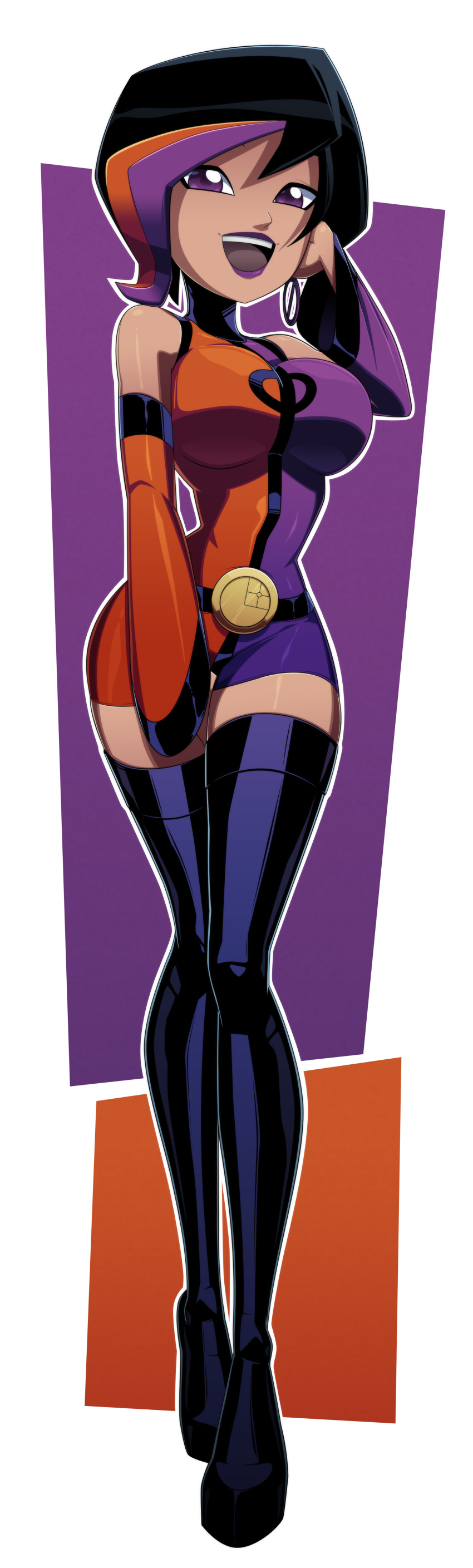 big_breasts black_hair boots clothed clothed_female dc duo_damsel female female_only high_heel_boots high_heels legion_of_superheroes luornu_durgo orange_highlights purple_eyes purple_highlights purple_lipstick ravenravenraven smile solo solo_female solo_focus superheroine thighhigh_boots three-tone_hair triplicate_girl waist_belt