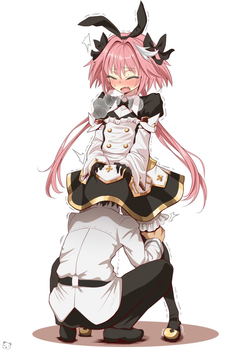 2boys astolfo_(fate) astolfo_(saber)_(fate) bangs belt black_bow black_dress black_footwear black_gloves black_legwear black_neckwear black_pants black_ribbon blush bow bowtie buttons chaldea_uniform closed_eyes cum cumdrip dress ejaculation fate/grand_order fate_(series) fellatio femboy fujimaru_ritsuka_(male) gloves hair_between_eyes hair_intakes hair_ribbon hairbow heavy_breathing highres josou_seme layered_skirt leg_grab long_hair long_sleeves low_twintails multicolored_hair multiple_boys oerba_yun_fang open_mouth oral pants pink_hair ribbon sekai_saisoku_no_panda shirt simple_background skin_fang skirt squatting streaked_hair thighhighs trap trembling twintails white_background white_hair white_shirt white_skirt wing_collar yaoi