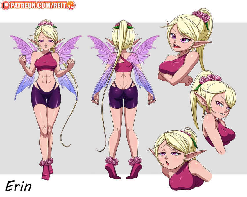 abs blonde_hair erin_(reit) fairy fairy_wings female flower_on_head flowers long_hair looking_at_viewer oc original original_character patreon pink_eyes ponytail reit sheets smile spats topwear various_positions wings