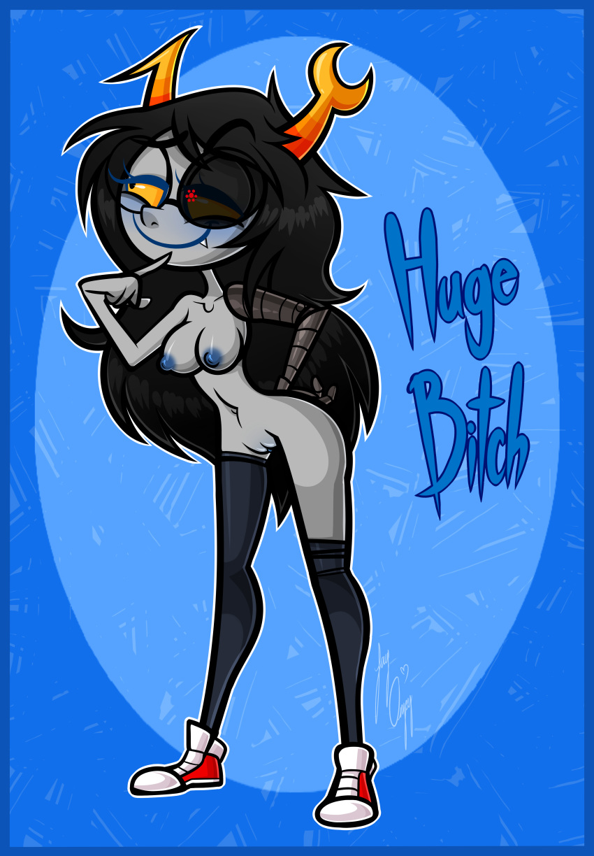 1girls 2017 absurd_res artist_signature ass asymmetrical_legwear black_hair black_sclera blue_background blue_lips blue_nipples breasts commission digital_media_(artwork) english english_text fang female functionally_nude glasses grey_skin heterochromia homestuck horns j-madeye leggings long_hair ms_paint_adventures naked nipples pussy red_eyes robotic_arm shoes simple_background smile sneakers solo solo_female strange_pupils text thin_waist topless troll uncensored vriska_serket yellow_eyes yellow_sclera