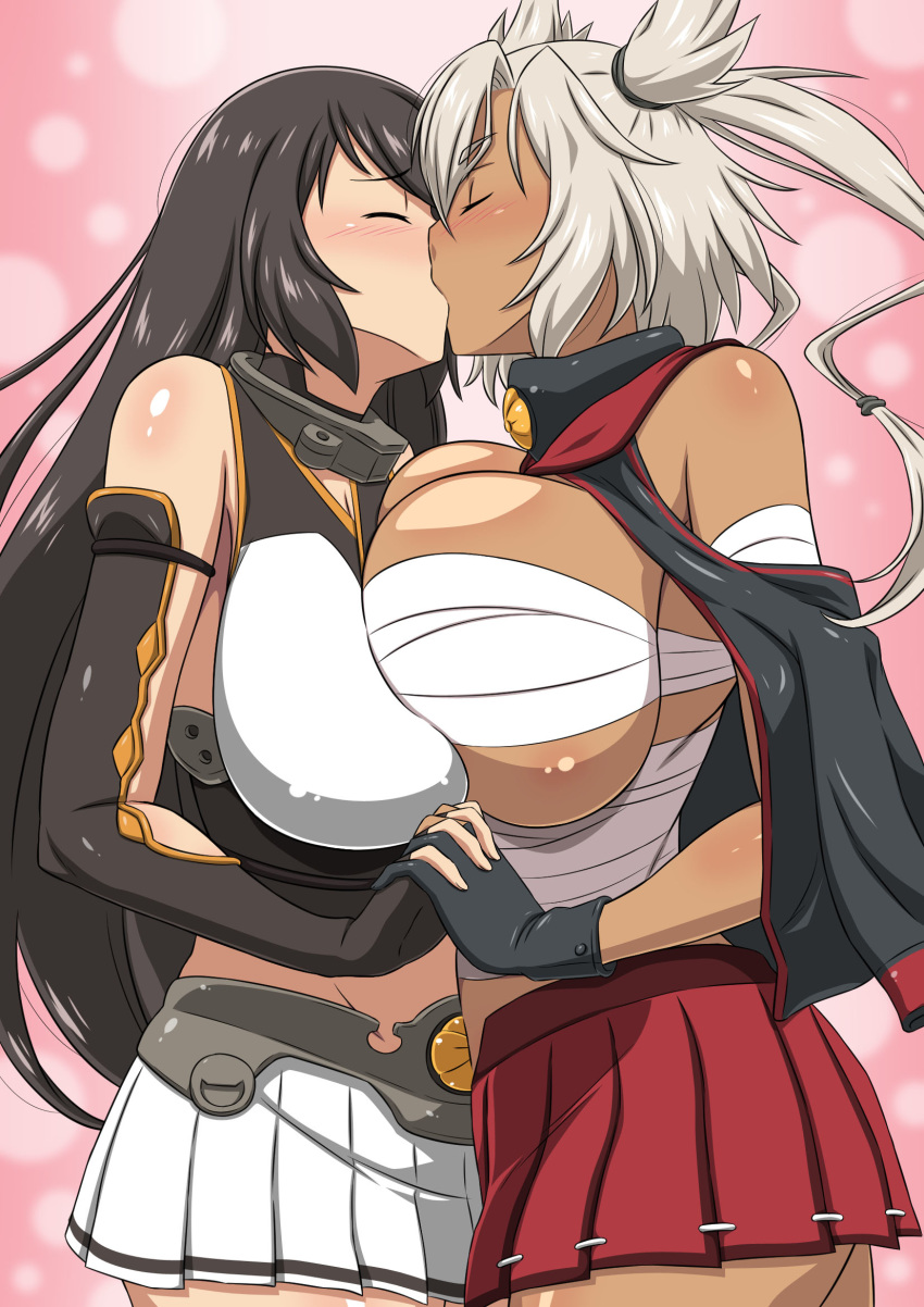 2girls armor bare_shoulders beltskirt black_gloves black_hair blush breast_press breasts choker closed_eyes dark_skin eyebrows_visible_through_hair fingerless_gloves gloves hand_holding highres huge_breasts kantai_collection kissing long_hair midriff miniskirt multiple_girls musashi_(kantai_collection) nagato_(kantai_collection) pleated_skirt red_skirt sarashi shiny shiny_hair shiny_skin sideskirt skirt symmetrical_docking twintails very_long_hair white_hair white_skirt yuri