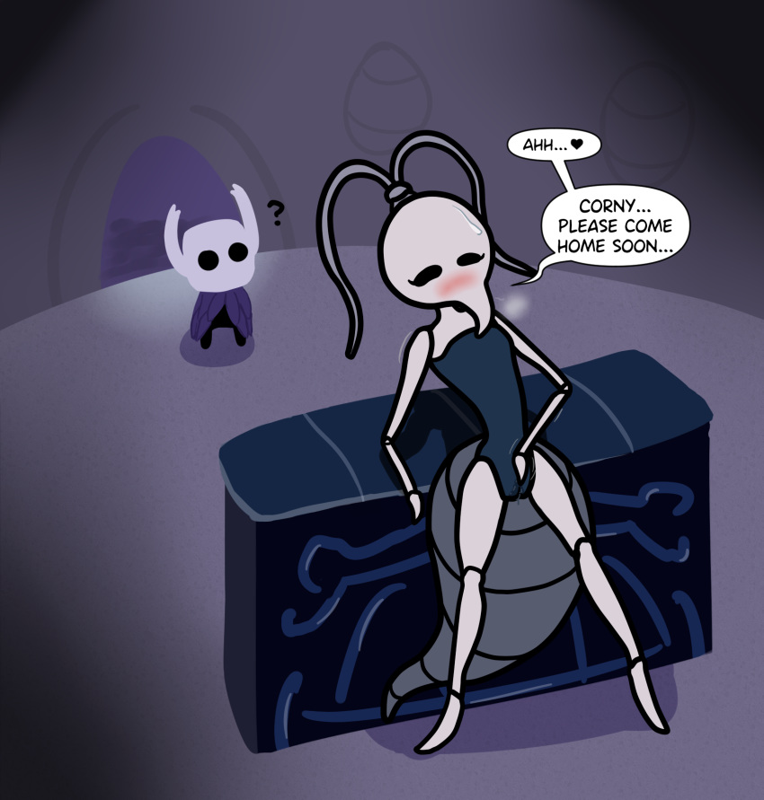 arthropod being_watched bodily_fluids heart hi_res hollow_knight insects iselda_(hollow_knight) looking_at_another masturbation naughtysableye protagonist_(hollow_knight) speech_bubble sweat sweatdrop team_cherry text vaginal_masturbation vaginal_penetration vessel_(species) video_games