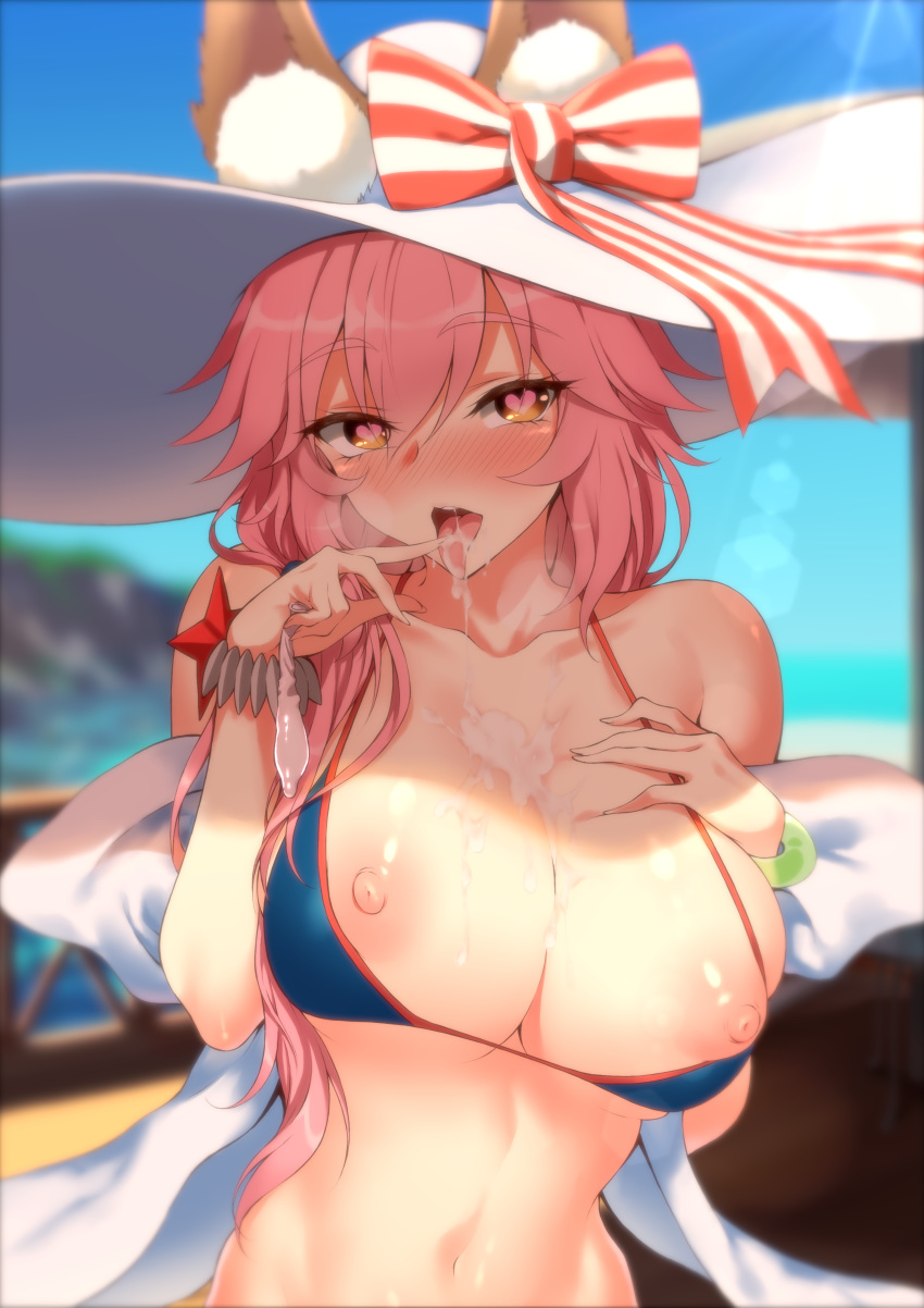 1girls absurdres animal_ears bare_shoulders bikini blue_bikini blue_sky blurry blurry_background blush breasts breasts_out brown_eyes collarbone condom cum cum_in_mouth cum_on_body cum_on_breasts cum_on_tongue cum_on_upper_body day fate_(series) female female_only fox_ears hat heart heart-shaped_pupils highres large_breasts light-skinned_female light_skin long_hair momihige_(mo3hig3) naughty_face nipples nose_blush open_mouth outdoors pink_hair sky solo sun_hat swimsuit symbol-shaped_pupils tamamo_no_mae_(fate) tamamo_no_mae_(swimsuit_lancer) tongue tongue_out upper_body used_condom white_headwear wrist_cuffs yellow_eyes