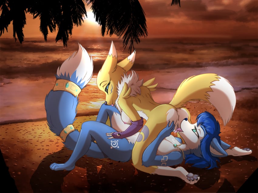 69_position blue_body blue_fur breasts canid canine colrblnd crossover digimon digimon_(species) female female/female fox fur genitals krystal mammal nintendo oral partialy_clothed pussy raised_tail renamon sex sourtassietiger_(artist) spread_legs spreading star_fox tongue video_games yellow_body yellow_fur yuri