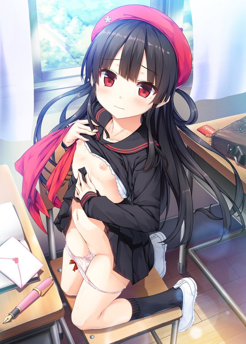 1girls blush cura hachiroku_(maitetsu) lifted_by_self long_hair looking_at_viewer lose maitetsu panties panties_down red_eyes small_breasts tagme uncensored underwear