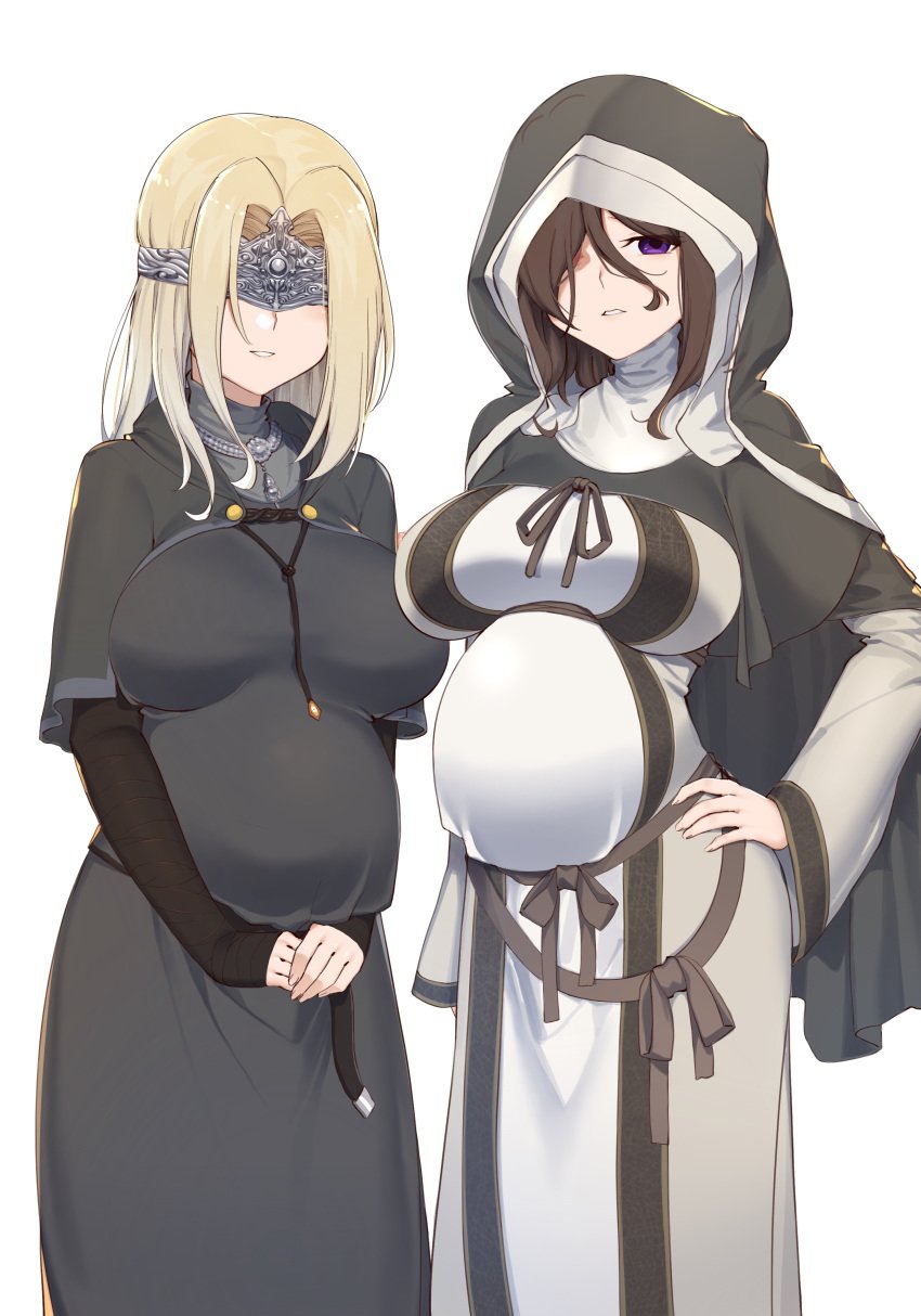 2girls big_belly blonde_hair brown_hair clothed dark_souls dark_souls_3 fire_keeper fromsoftware hair_over_one_eye hand_on_hip huge_belly mask nojo pregnant purple_eyes ready_to_pop sister_friede wide_hips