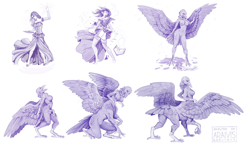 absurd_res anthro_to_taur araivis-edelveys ass avian avian_taur beak bird bird_taur book breasts clothed clothing corvid corvus_(genus) crow digitigrade dress feathered_wings feathers female genitals hi_res human human_to_anthro human_to_taur magic mammal monochrome nipples nude pussy sequence smile solo species_transformation standing talons taur torn_clothing transformation wings