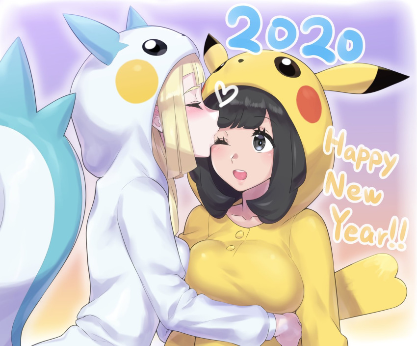 2020 2girls black_hair blonde_hair blush bodysuit breasts closed_eyes cosplay dated eye_contact eyelashes female female_only green_eyes heart human kiss kissing kissing_forehead lillie_(pokemon) mizuumi_(bb) motion_lines new_year nintendo onesie pachirisu_(cosplay) pikachu_(cosplay) pokemon pokemon_(cosplay) pokemon_dppt pokemon_rgby pokemon_sm selene_(pokemon) source_request tail text wholesome yuri