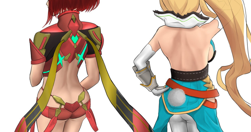 2girls ass back backboob backless_outfit bare_shoulders blonde_hair breasts commentary_request crossover cygames dragalia_lost dress elbow_gloves elisanne from_behind gem gloves large_breasts long_hair multiple_girls nintendo pants ponytail pyra red_hair red_shorts scarf short_hair short_shorts shorts side_ponytail sideboob sssemiii tail very_long_hair xenoblade_(series) xenoblade_chronicles_2