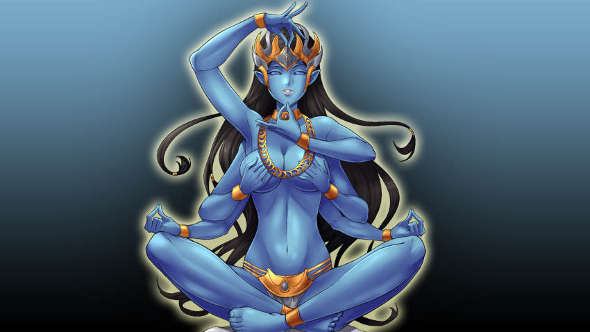 1girls 6_arms artist_request big_breasts black_hair blue_background blue_eyes blue_pussy blue_skin breasts color colored digital_media_(artwork) female goddess hindu_mythology kali meditating meditation multi_arm multi_limb mythology