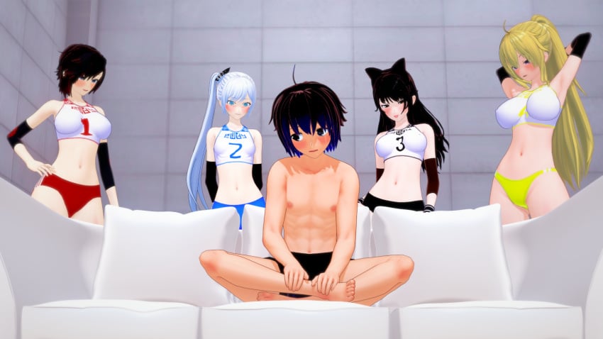 1boy 3d 4girls abs blake_belladonna daven_(extremesoda) extremesoda faunus feet female gym_uniform human koikatsu male meme piper_perri_surrounded ruby_rose rwby source_request team_rwby text topless weiss_schnee yang_xiao_long