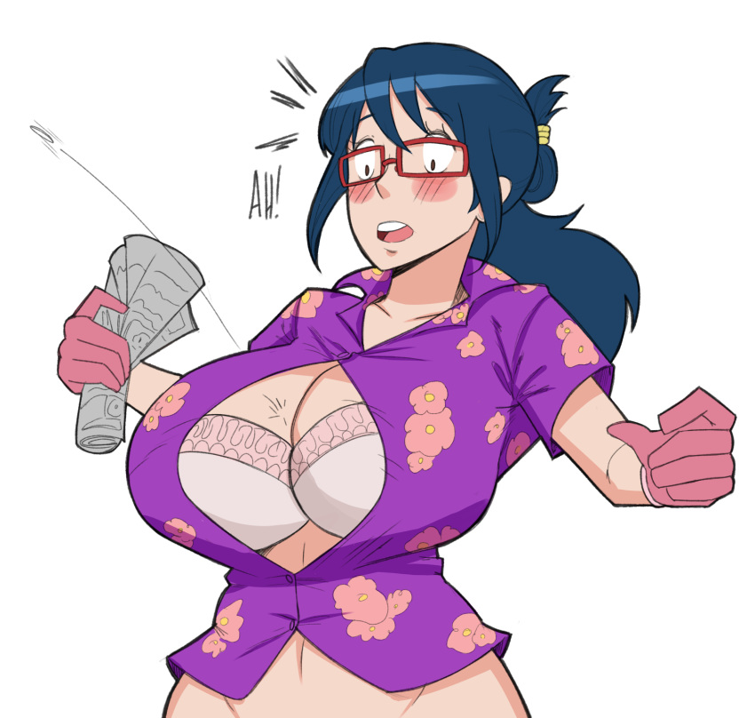 big_breasts bra brassiere breasts cleavage female female_only glasses gloves hawaiian_shirt joylewds midriff one_piece open_shirt popped_button post-timeskip red_glasses tashigi white_background