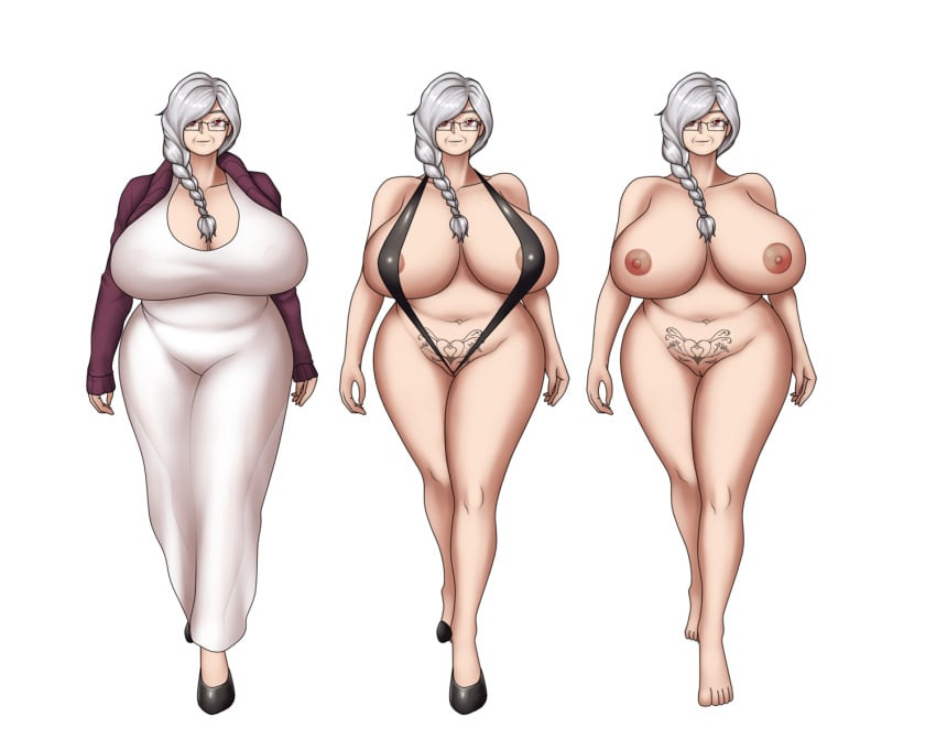 1girls alternate_outfit belly braid breasts chubby clothed curvy_female dress eye_contact feet gilf glasses grandmother grey_hair half-closed_eyes heart huge_breasts jennifer_(mk001black) looking_at_viewer mature mature_female milf mk001black navel nipples nude nude_female old_woman original original_character overweight overweight_female ponytail pubic_tattoo red_eyes shoes sling_bikini tattoo thick_thighs toes white_background white_hair wide_hips wrinkles