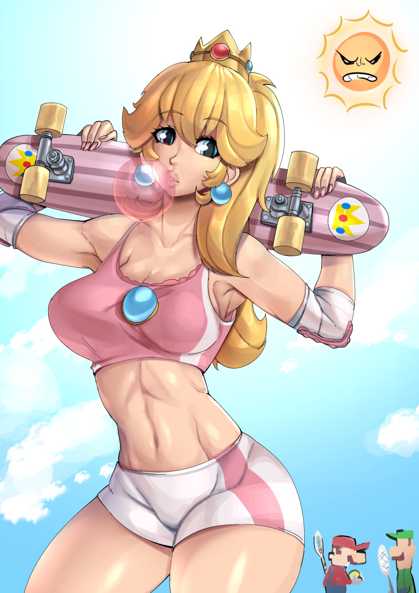 1girls 2boys alternate_costume angry_sun armpits big_breasts blonde_hair blowing_bubblegum blue_eyes breasts bubble_gum cadenza crown looking_back luigi mario mario_(series) midriff navel nintendo outdoors princess_peach royalty short_shorts shorts skateboard solo_female sun tank_top