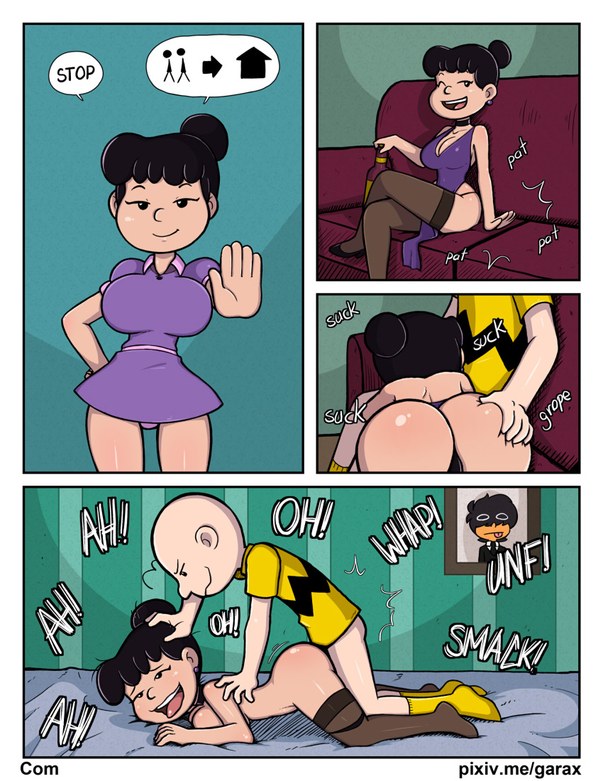 1boy 1girls aged_up ahe_gao alcohol asian_clothing ass ass_grab back_view bald bed bedroom_eyes bent_over big_ass big_breasts black_hair blowjob champagne charlie_brown choker cleavage comic couch dialogue doggy_style dress earrings fellatio female garabatoz grope hair_bun hand_on_ass hand_on_hip highres legs_crossed looking_at_viewer mob_face no_bra onomatopoeia panties peanuts pinned seductive sex sitting slit smile smug straight text thighhighs thong violet_gray watermark wildbrain