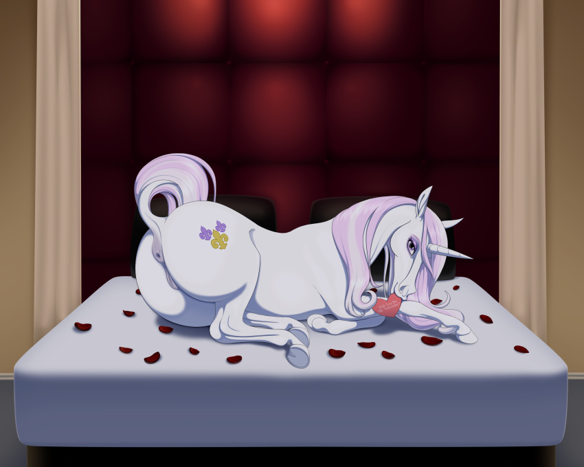 2020 5:4 absurd_res anus ass bed cutie_mark equid f0rever13 female feral feral_only fleur_de_lis_(mlp) friendship_is_magic furniture genitals hair hi_res holidays horn inside looking_at_viewer mammal multicolored_hair my_little_pony on_bed pussy smile solo two_tone_hair unicorn valentine's_day