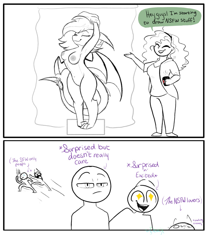 anthro breasts clevzx clothed clothing comic dragon english_text female fully_clothed genitals group hi_res human male mammal non-mammal_breasts nude pussy reaction_image scalie silly simple_background text uncensored white_background