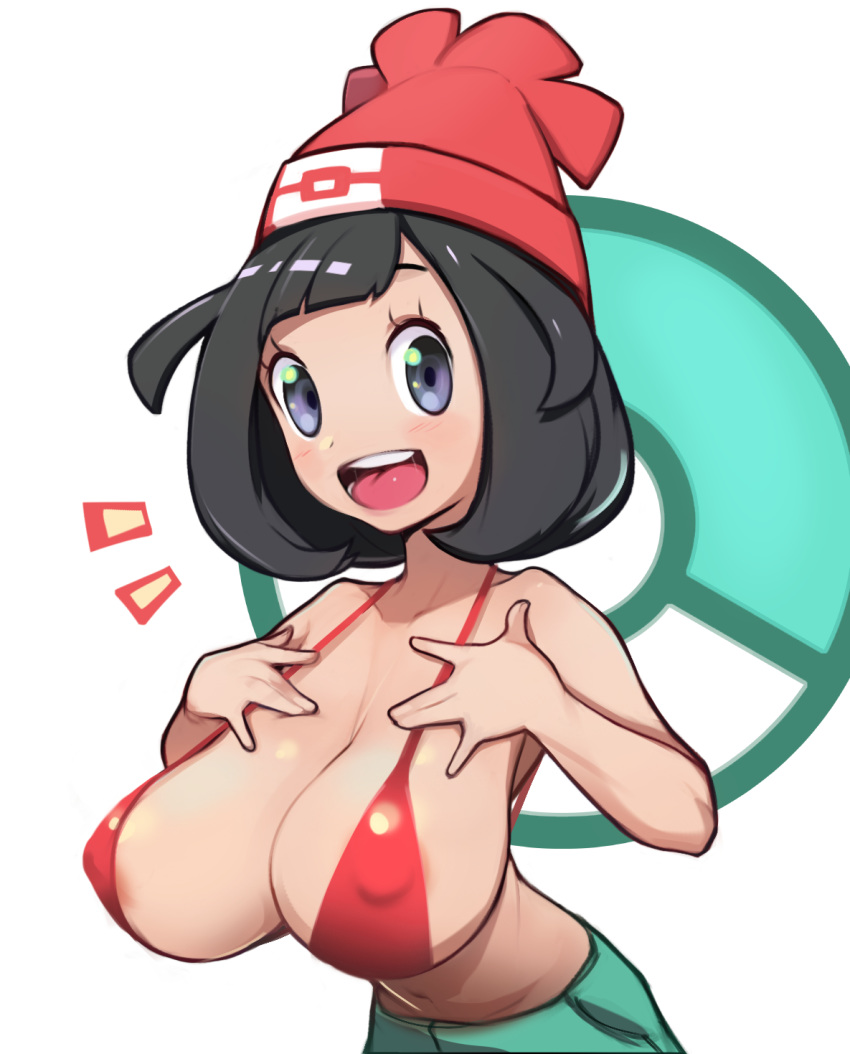 1girls alternate_breast_size alternate_outfit armpits bare_arms bare_shoulders bikini bikini_top black_eyes black_hair breasts clavicle female genvoke hat high_resolution human_only large_breasts looking_at_viewer nintendo open_mouth pokemon pokemon_sm red_bikini red_headwear selene_(pokemon) short_hair shorts smile solo swimsuit tongue upper_body upper_teeth white_background