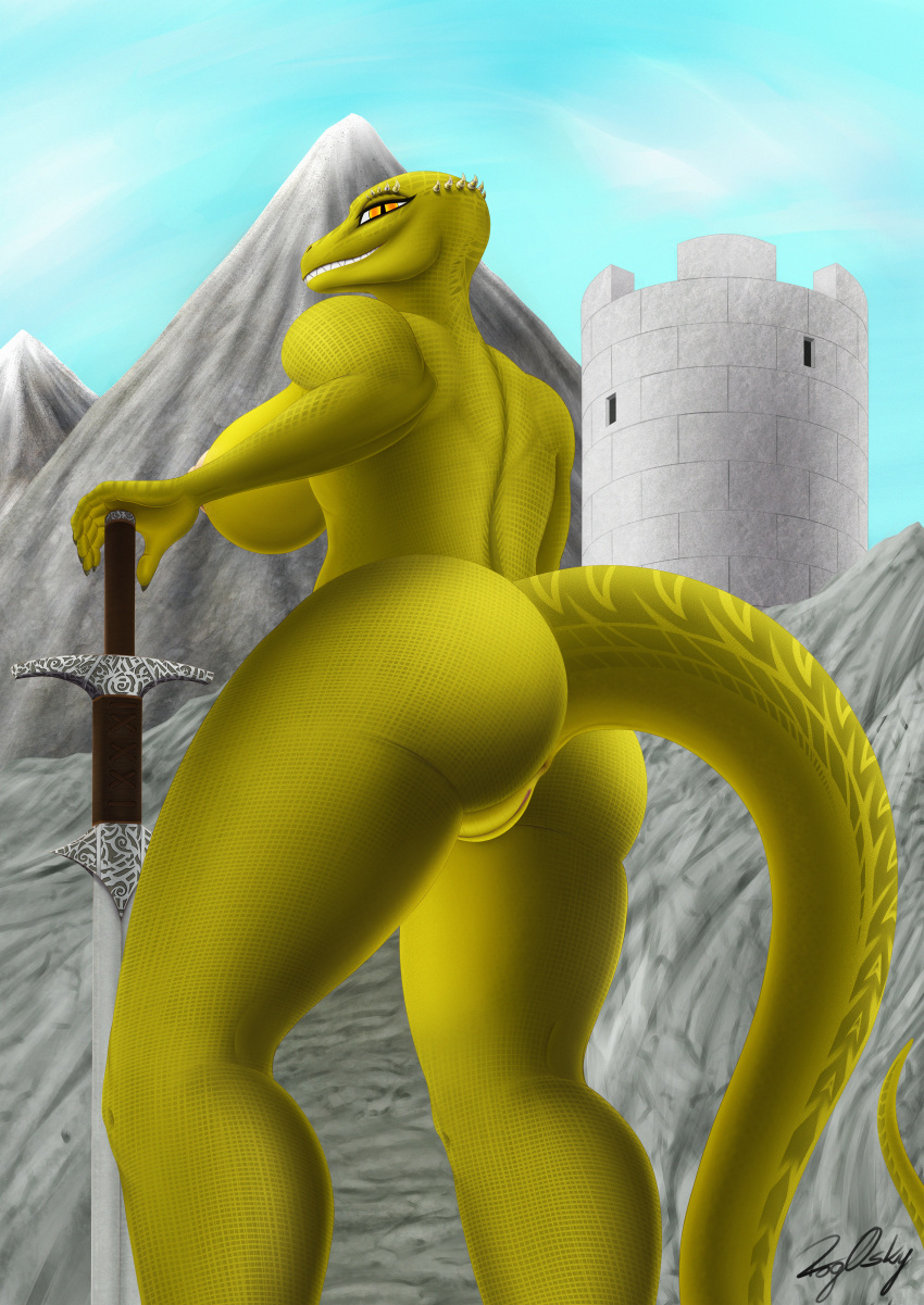 absurd_res anthro argonian bedroom_eyes bethesda_softworks big_breasts breasts cloud female hi_res horn huge_filesize looking_at_viewer narrowed_eyes nude reptile rogosky scalie seductive sky smile the_elder_scrolls thick_thighs video_games wide_hips