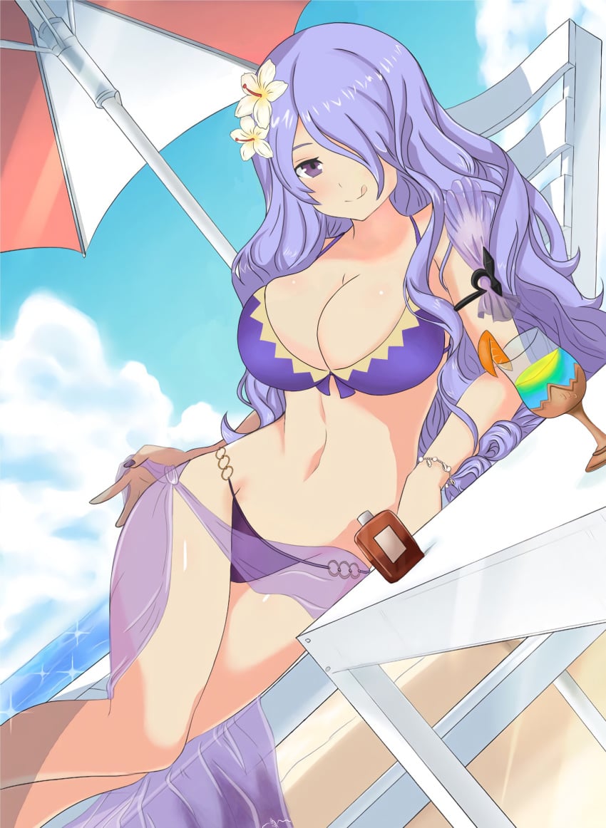 1girls :p beach bikini bowsey breasts busty camilla_(fire_emblem) camilla_(summer)_(fire_emblem) female_only fire_emblem fire_emblem_fates fire_emblem_heroes high_resolution highres navel purple_eyes purple_hair solo solo_female third-party_edit tongue tongue_out water