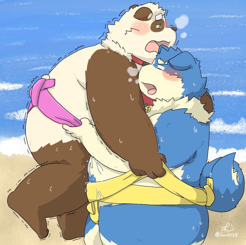 2020 anthro ass beach belly blue_body blue_fur blush bodily_fluids brown_body brown_fur canid canine canis cum cum_on_stomach domestic_dog duo fur genital_fluids giant_panda hi_res hon55728 humanoid_hands kemono male male/male mammal outside overweight overweight_male seaside sumo sweat ursid water white_body white_fur