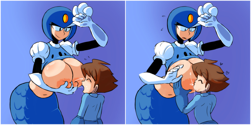 1boy 1girls age_difference breast breasts clothed female fupoo male mega_man mega_man(classic) mega_man_(character) mermaid robot robot_girl shirt_up splash_woman straight