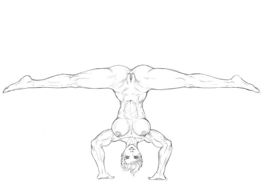 athletic athletic_female barefoot biceps breasts female grin grinning handstand helmeet_el_gato lean_muscle legs legs_apart limber muscular_female naked nude nude_female original_character pussy short_hair sketch smile solo solo_female splits upside-down upside-down_splits